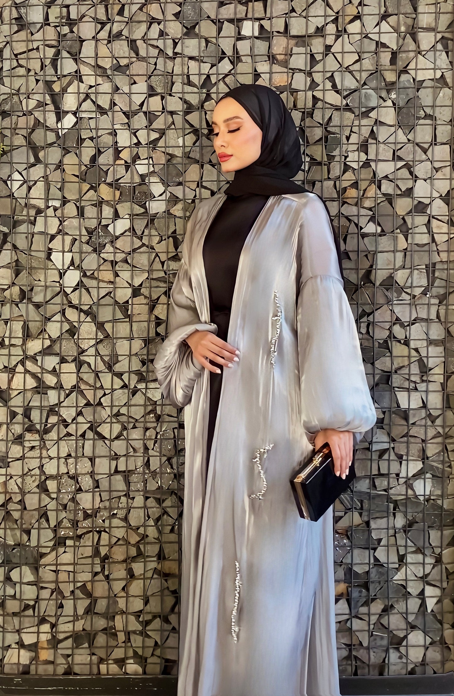 Handmade beaded abaya with black satin dress
