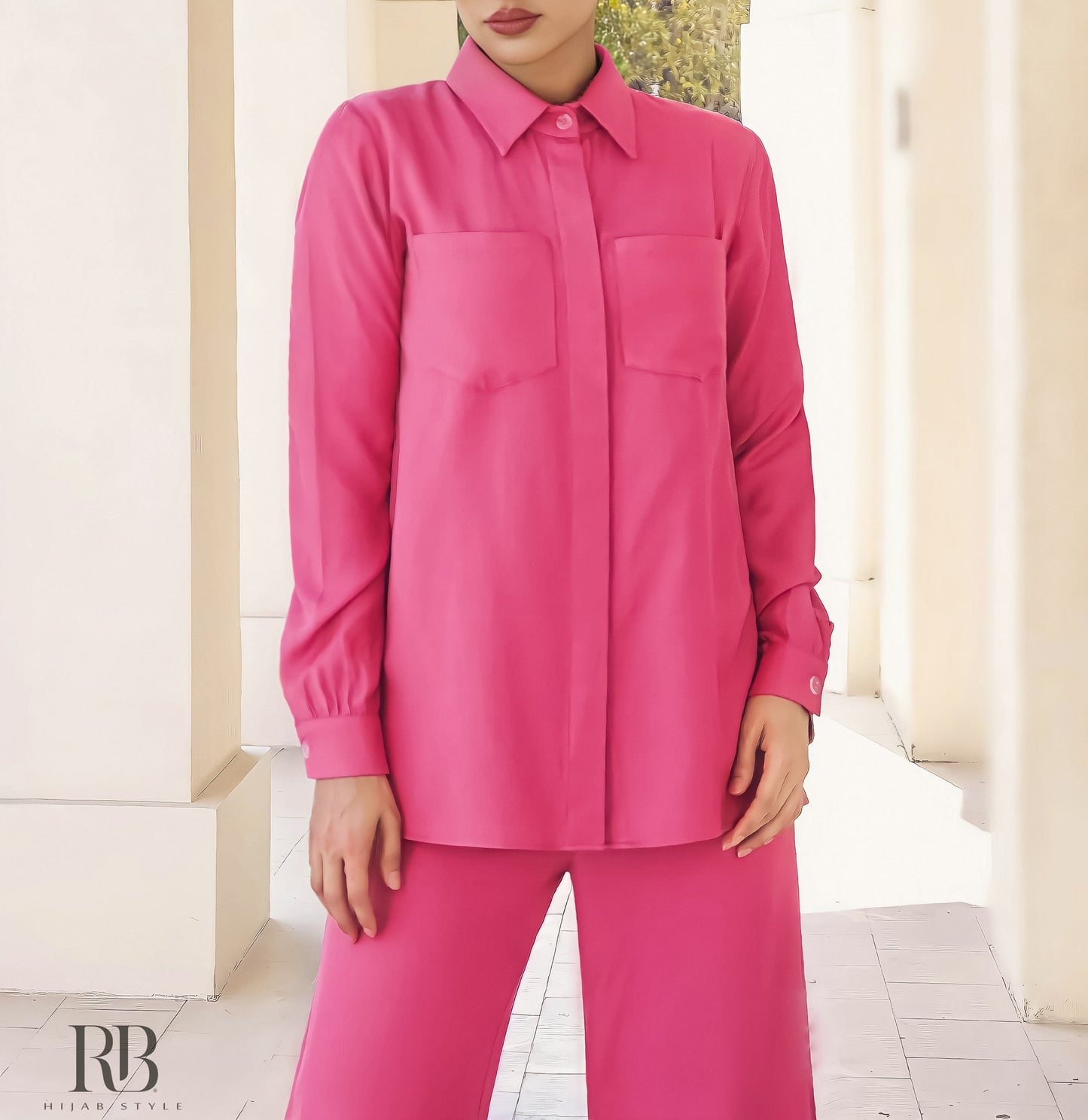 Fuchsia pocket Shirt and Wide Leg Pants Set