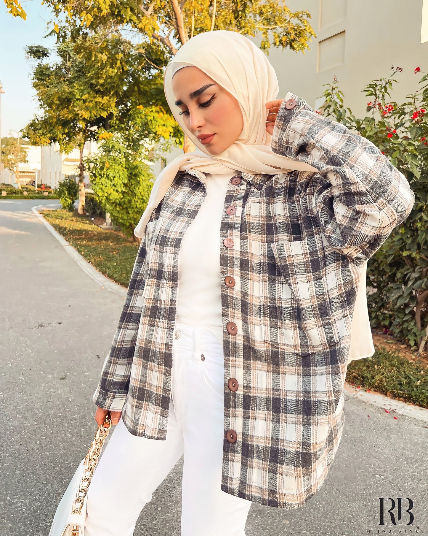 light brown plaid print drop shoulder jacket