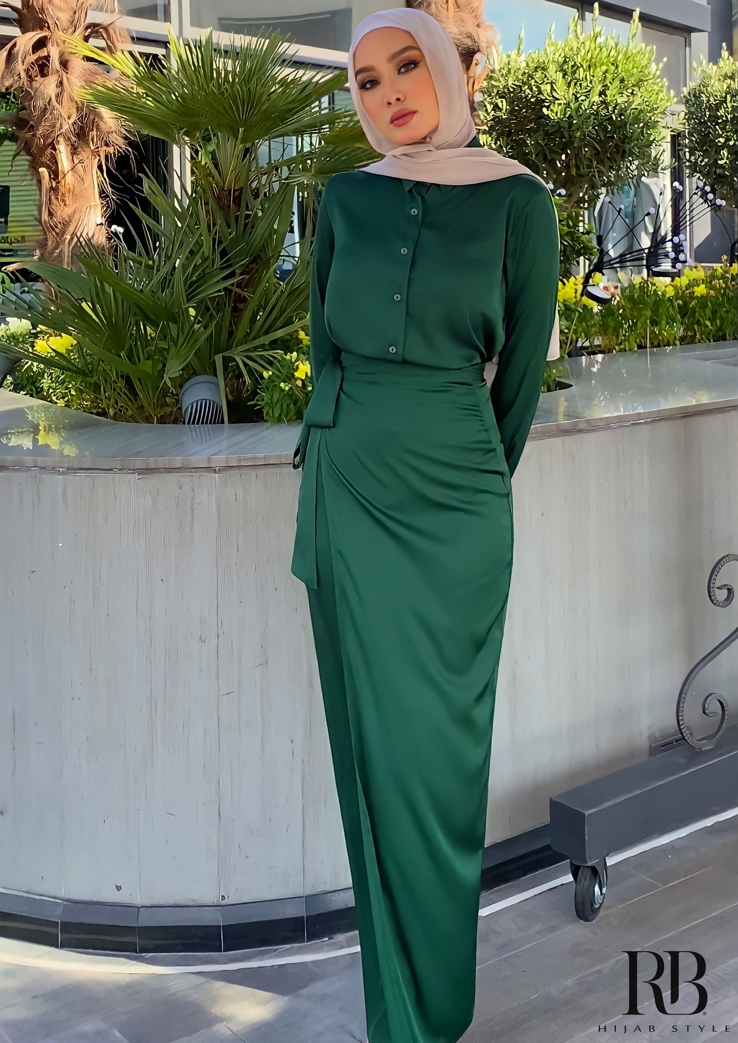 Dark Green Blouse and skirt satin set