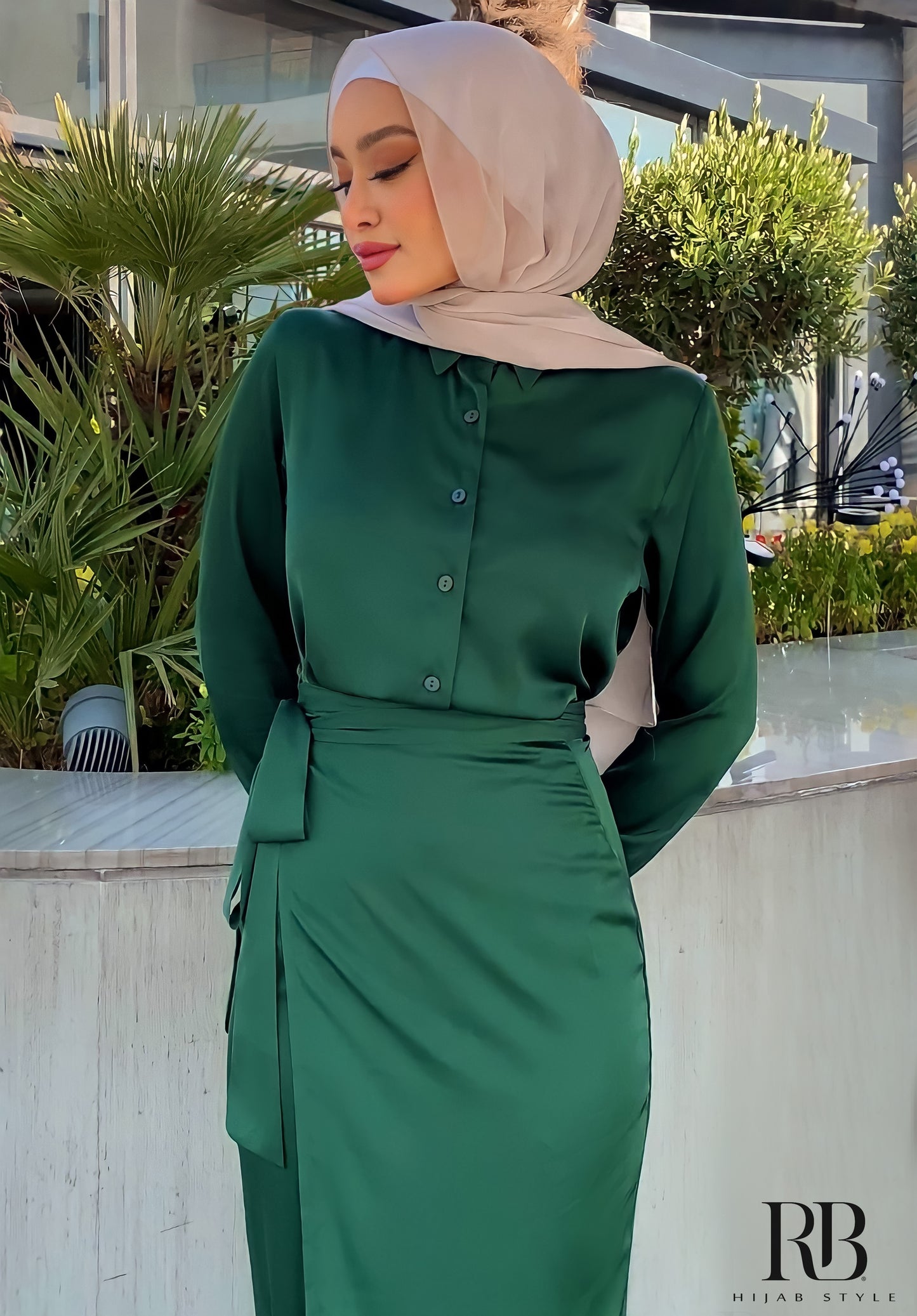 Dark Green Blouse and skirt satin set