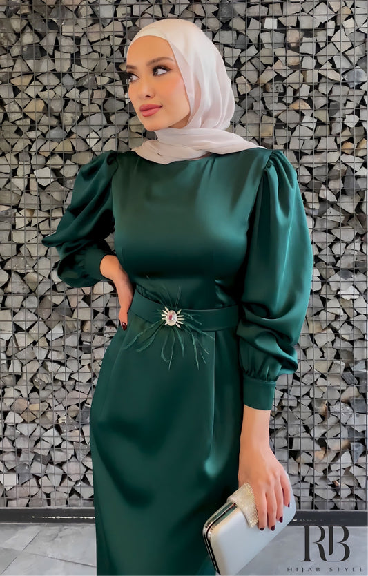 Green satin dress with swarovski brooch