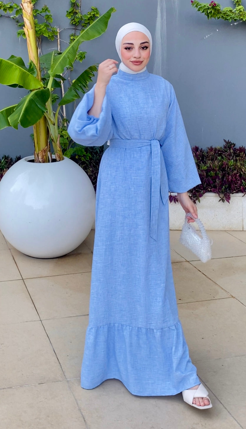 Linen blue dress with puff sleeves