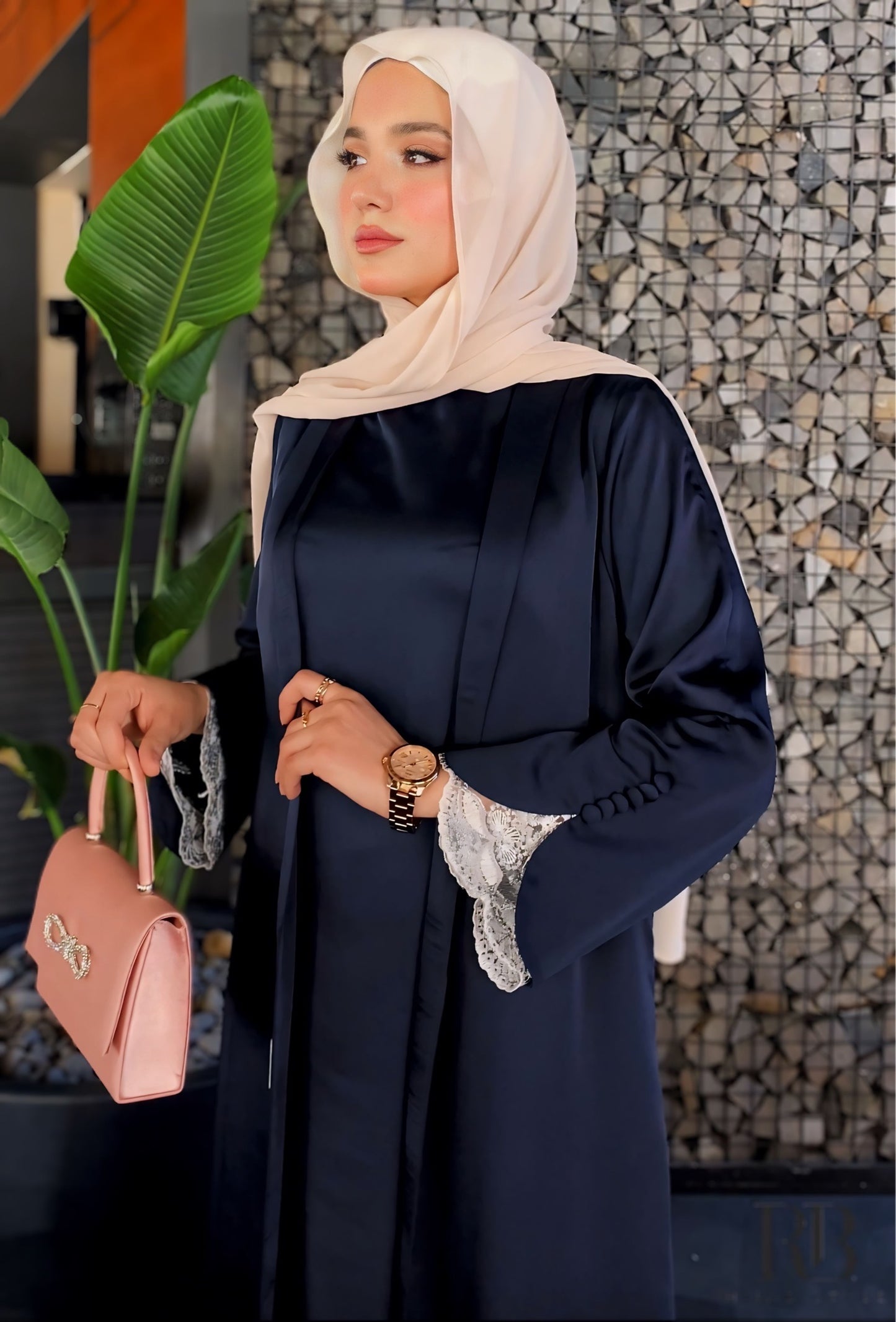 Navy satin abaya with embroidery tulle sleeves and dress