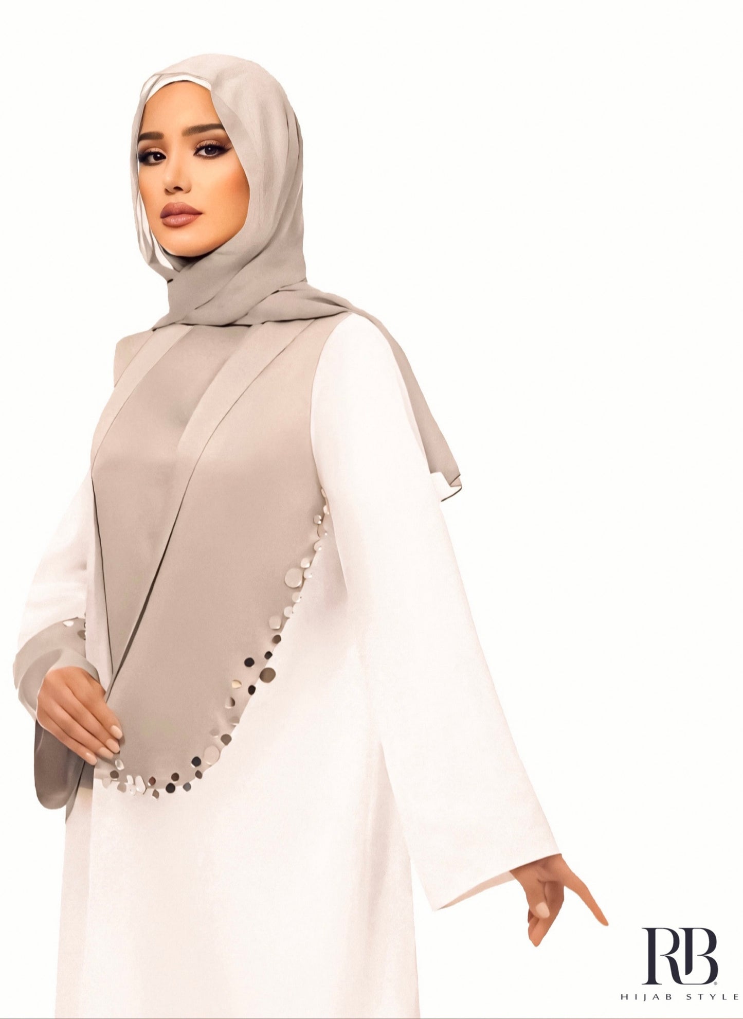 Beaded mirror white and gray abaya whith gray dress