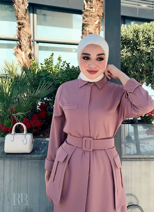 Light purple belted dress with pockets
