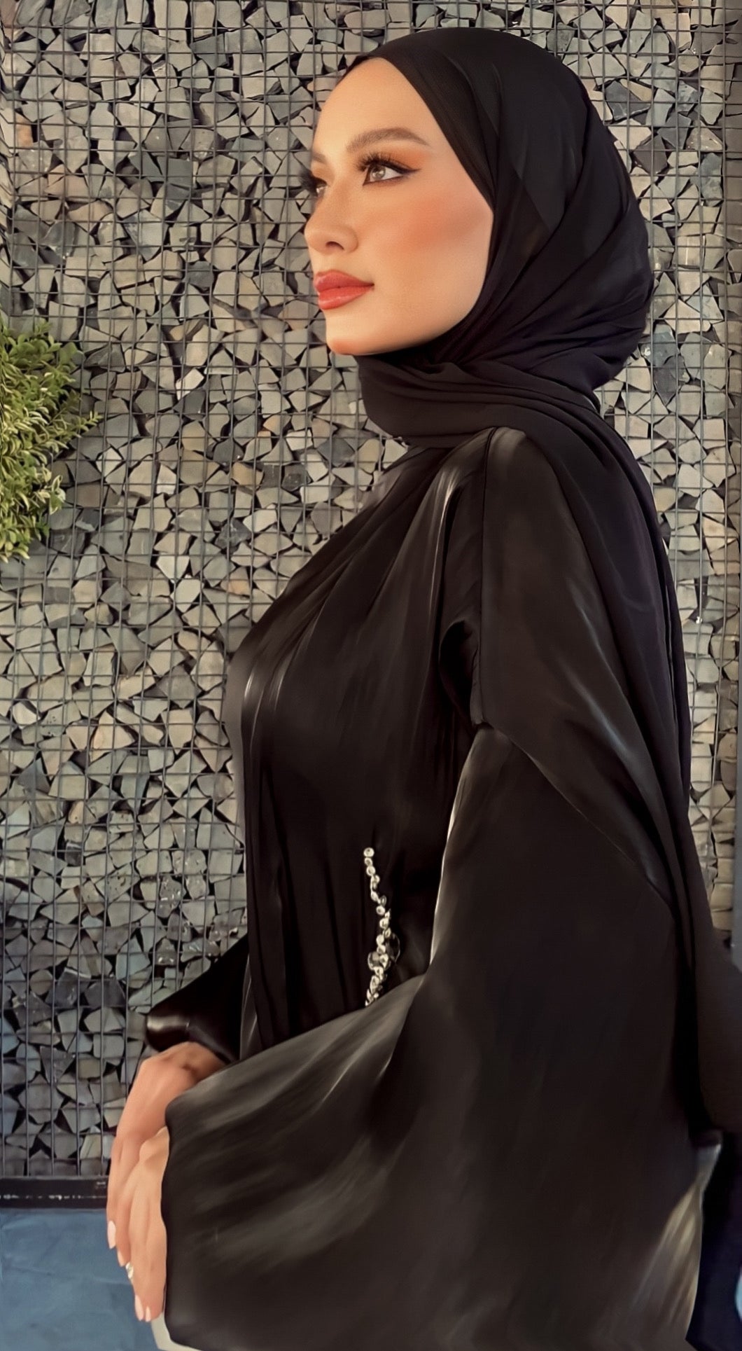 Handmade beaded abaya with black satin dress