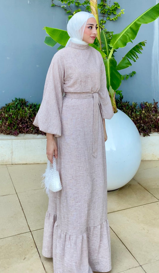 Linen beige dress with puff sleeves