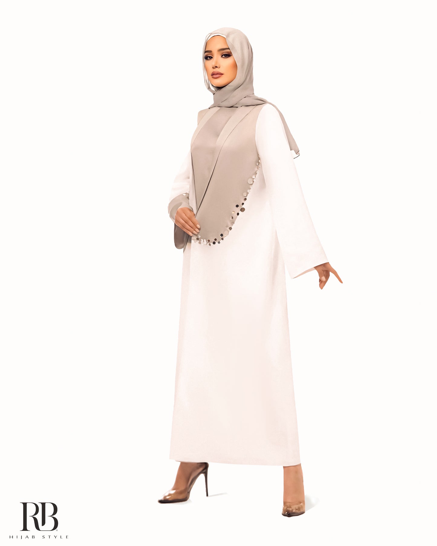 Beaded mirror white and gray abaya whith gray dress