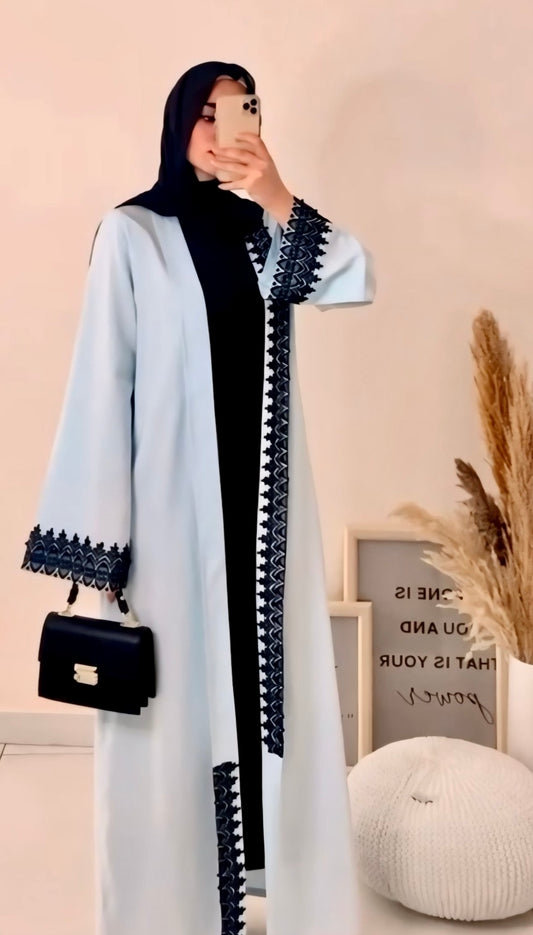 Light blue abaya embroidered with black guipure