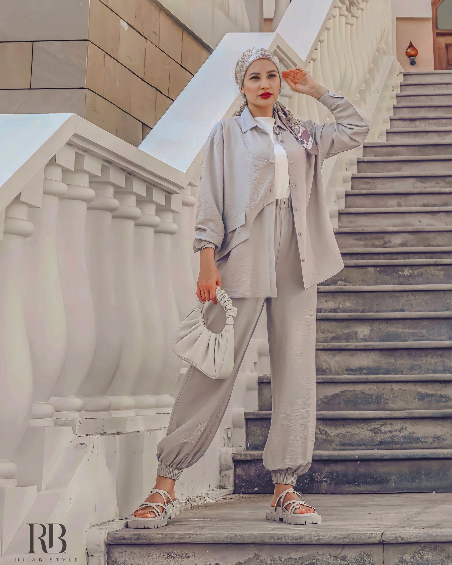 Grey drop shoulder blouse and pants set