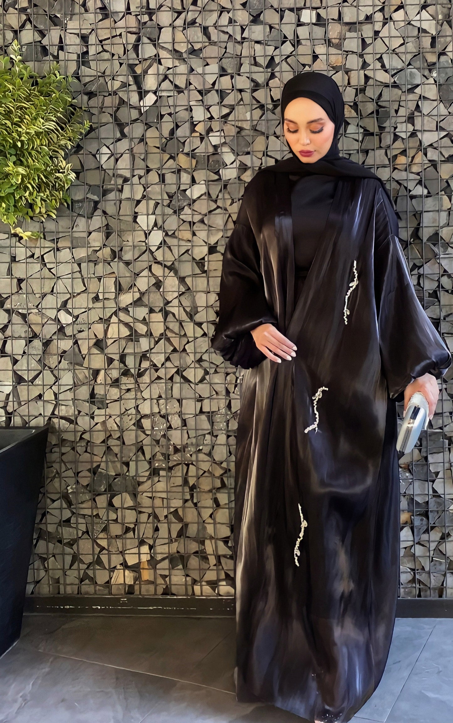 Handmade beaded abaya with black satin dress