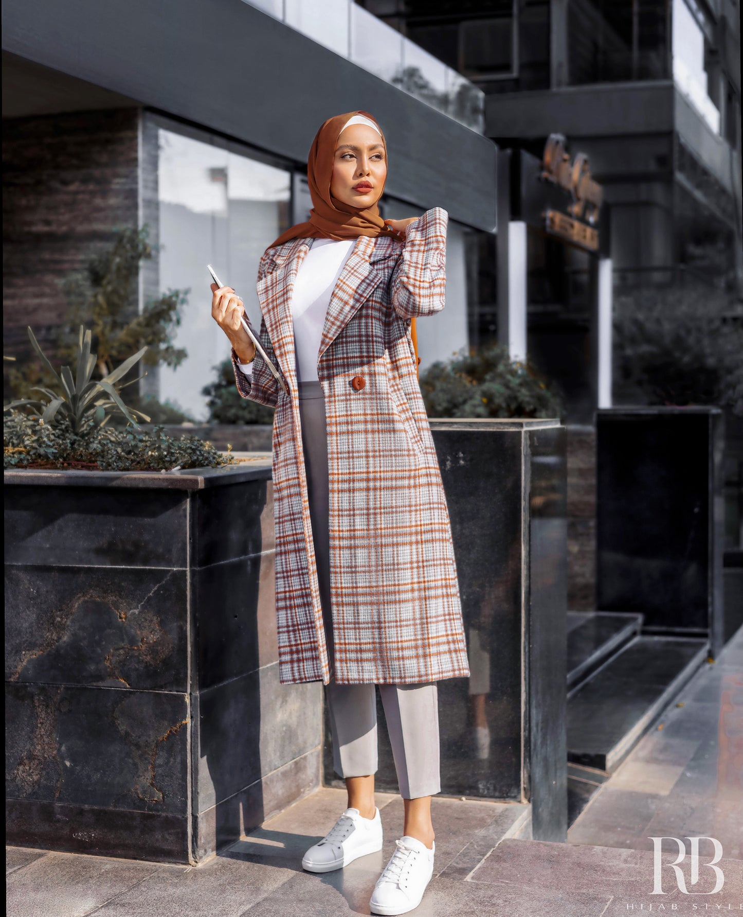 Brown plaid print coat