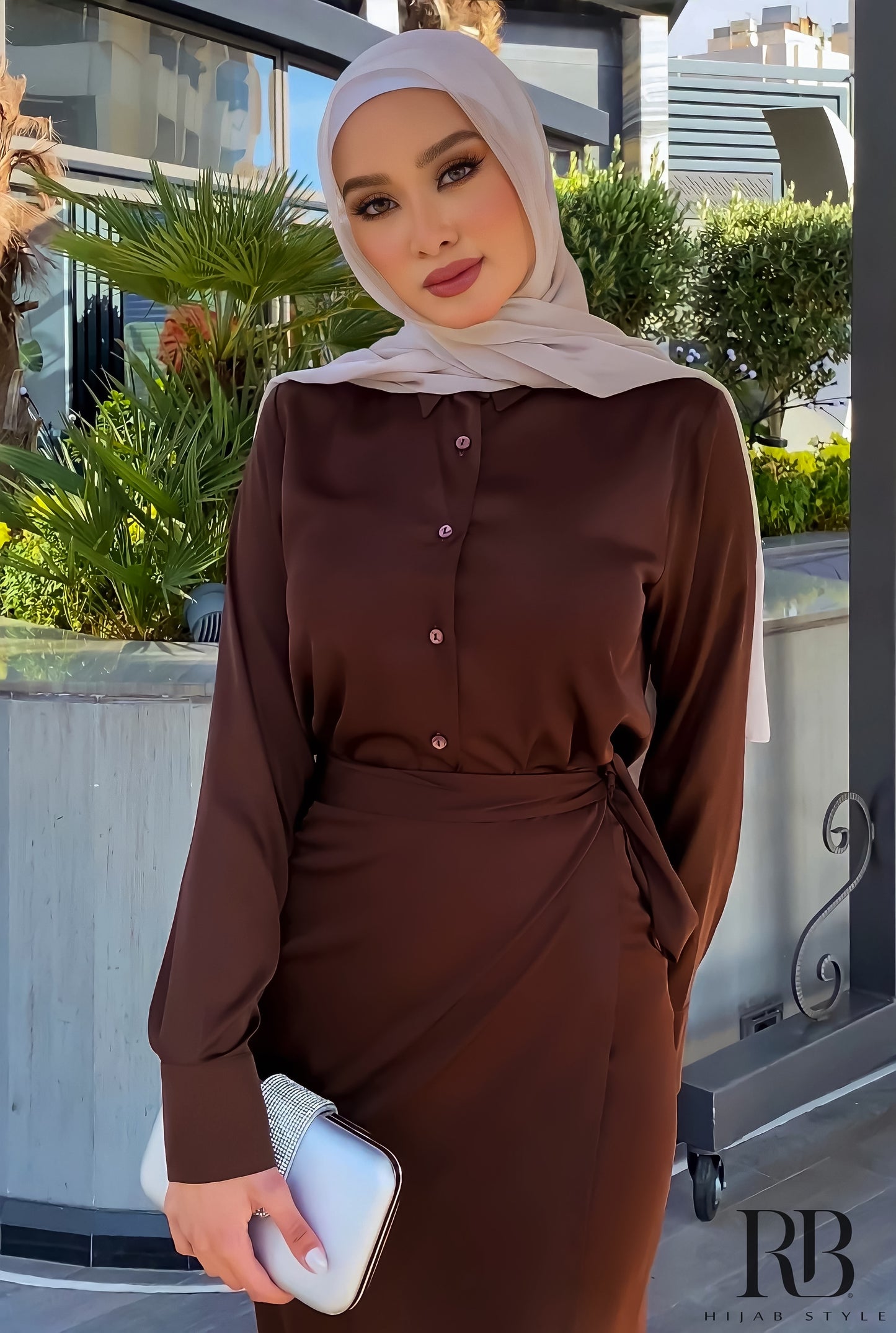 Brown blouse and skirt satin set