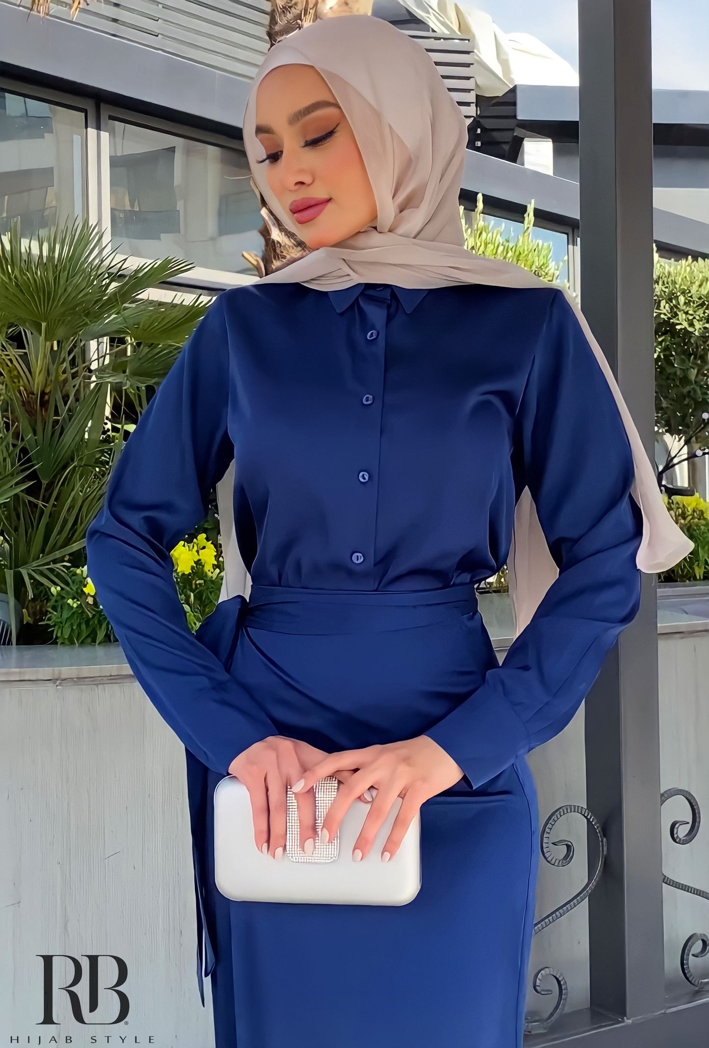 Navy blue blouse and skirt satin set