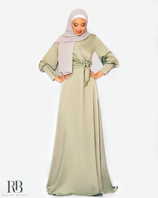 Mild green long sleeve satin dress