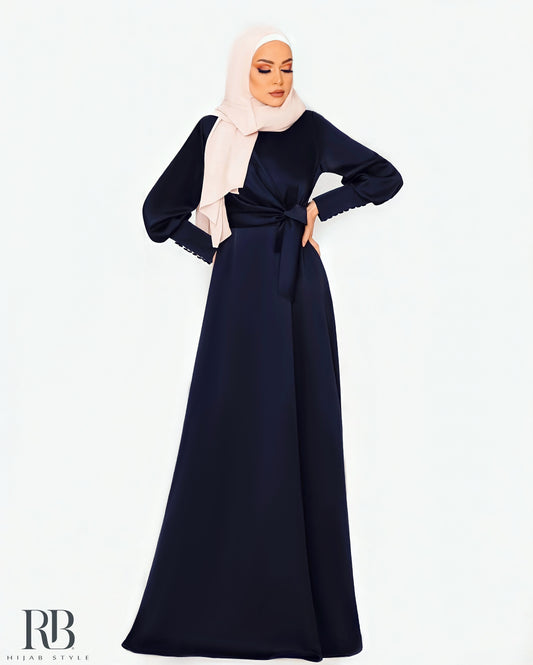 Navy blue long sleeve satin dress