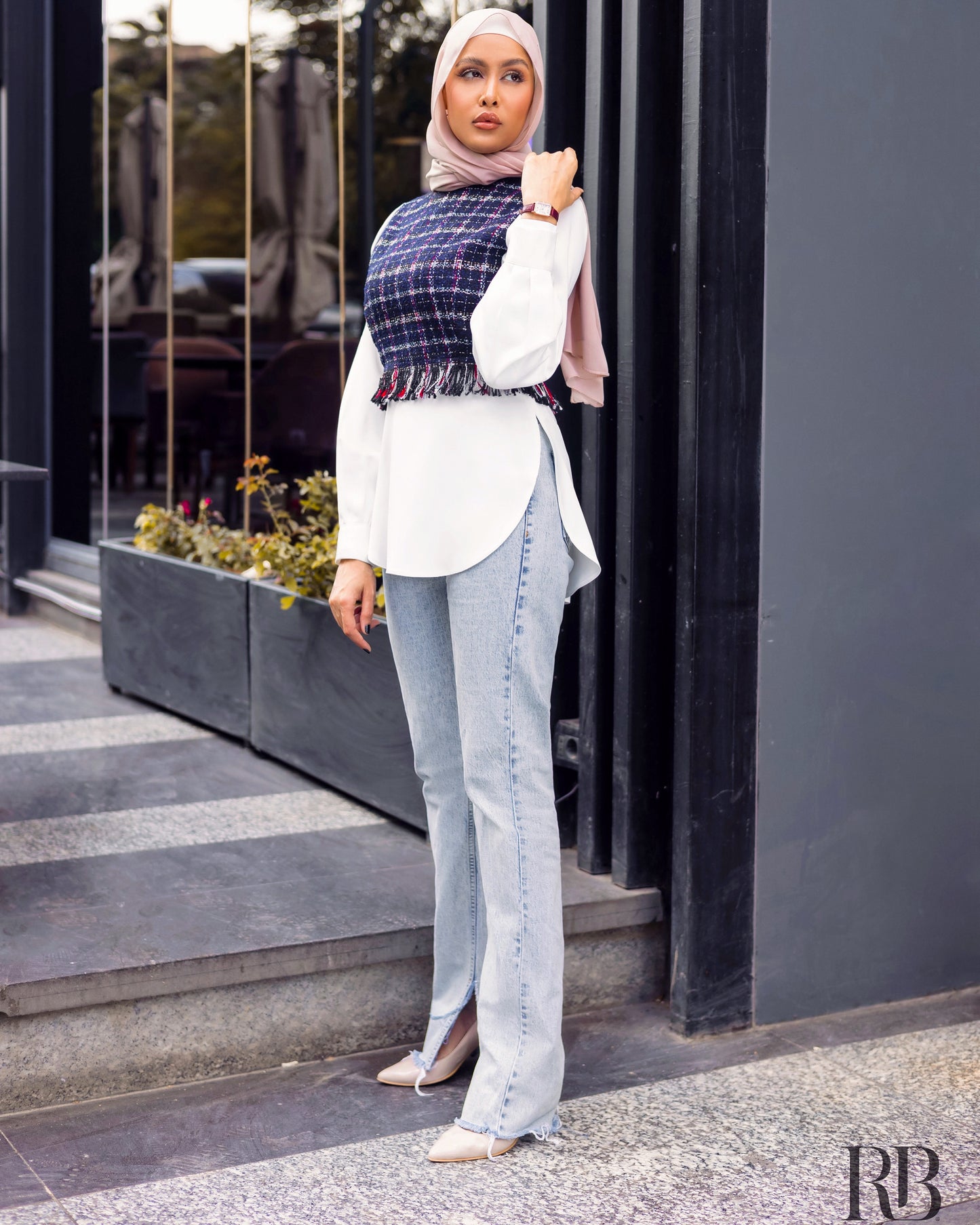 Navy blue cropped vest  with satin blouse