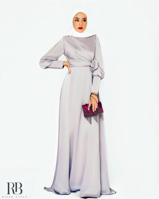 Grey long sleeve satin dress