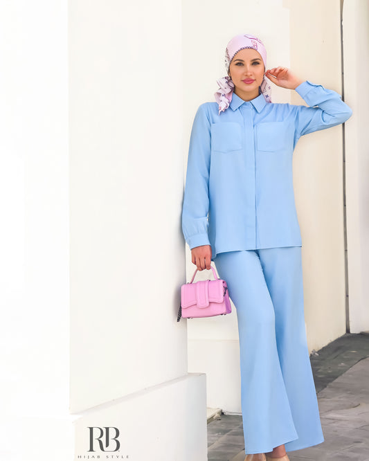 Blue pocket Shirt and Wide Leg Pants Set