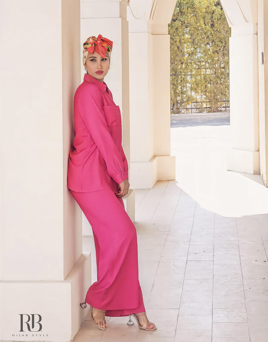 Fuchsia pocket Shirt and Wide Leg Pants Set