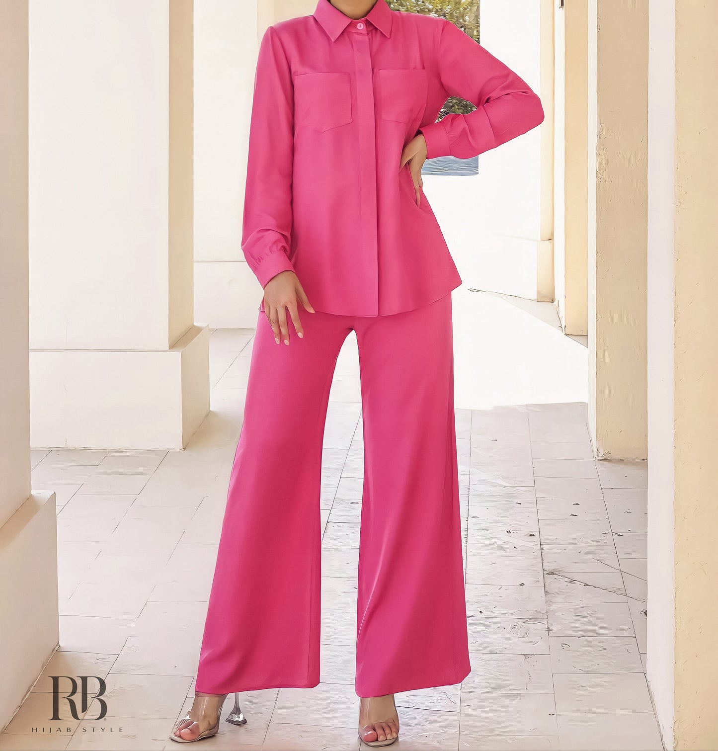 Fuchsia pocket Shirt and Wide Leg Pants Set