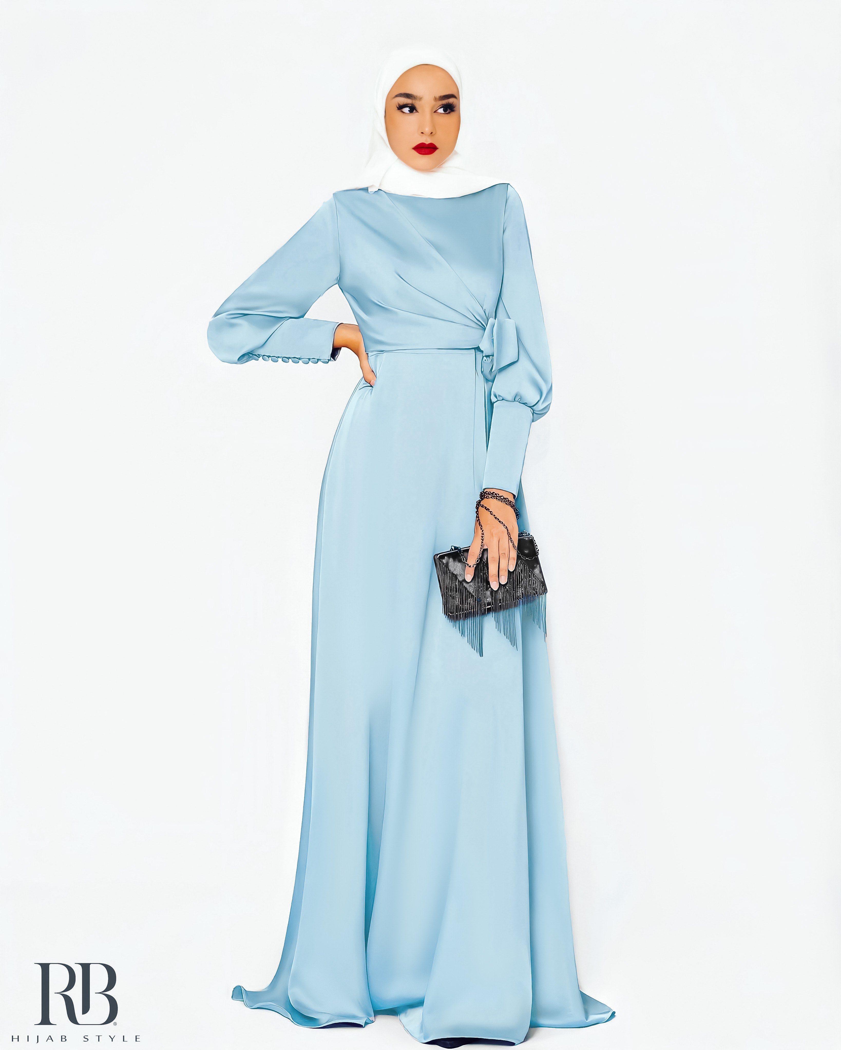 Afra Hijab Evening Dress with Balloon Sleeves with Waist Belt - Lila