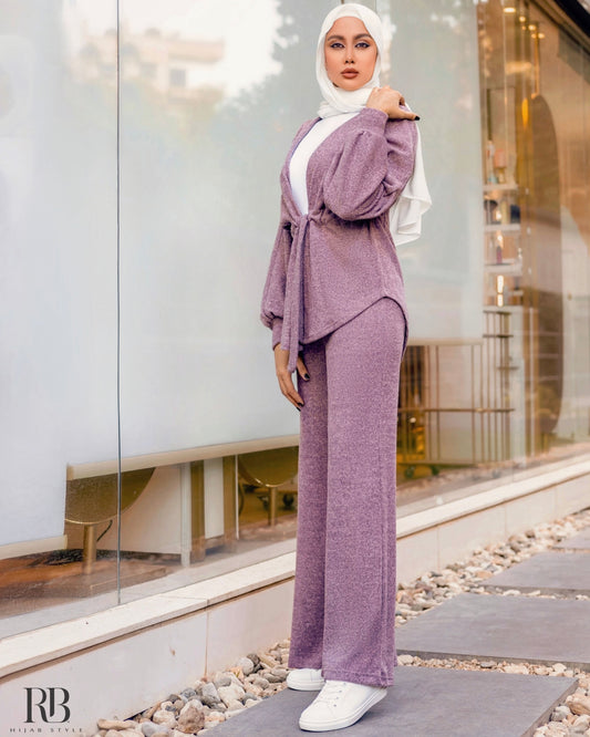 purple jacket and knit wide leg pants wool set