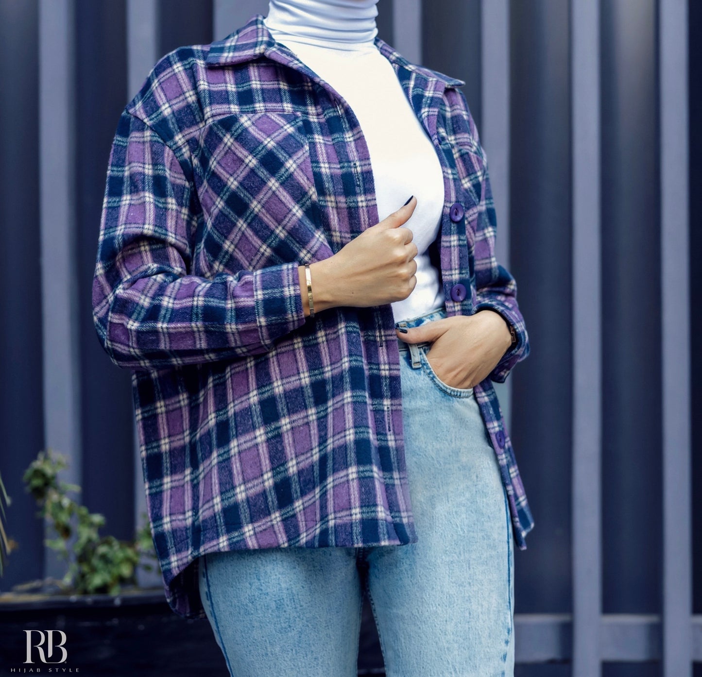 Purple plaid print drop shoulder jacket