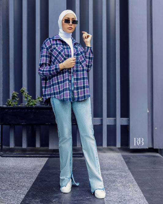 Purple plaid print drop shoulder jacket