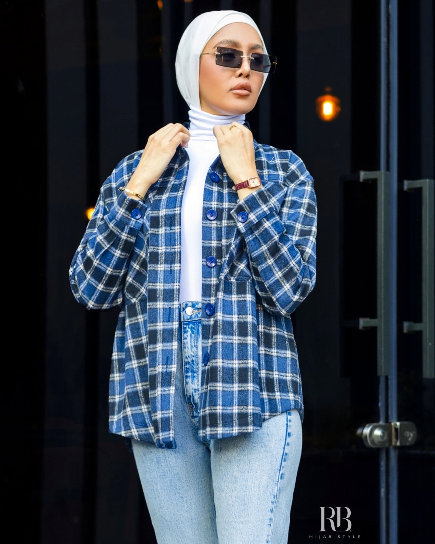 Navy blue plaid print drop shoulder jacket