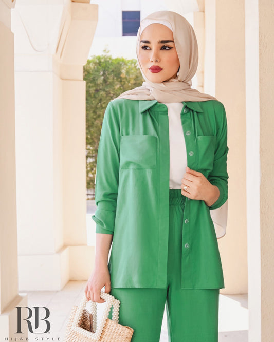 Green pocket Shirt and Wide Leg Pants Set